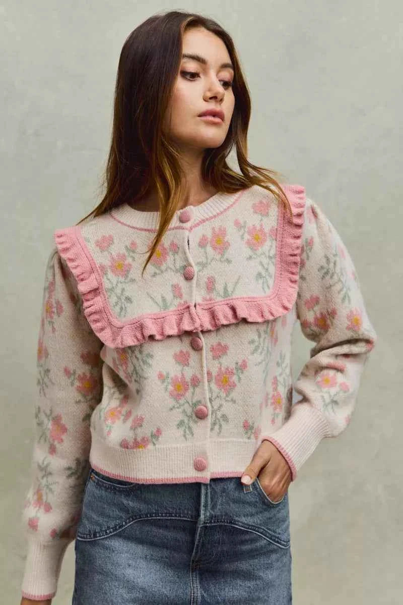 SO ME Flower With Ruffle Detailing Sweater Cardigan BEIGE PINK 8cb774f0770440a6aafb285930be14ed-Max-Origin