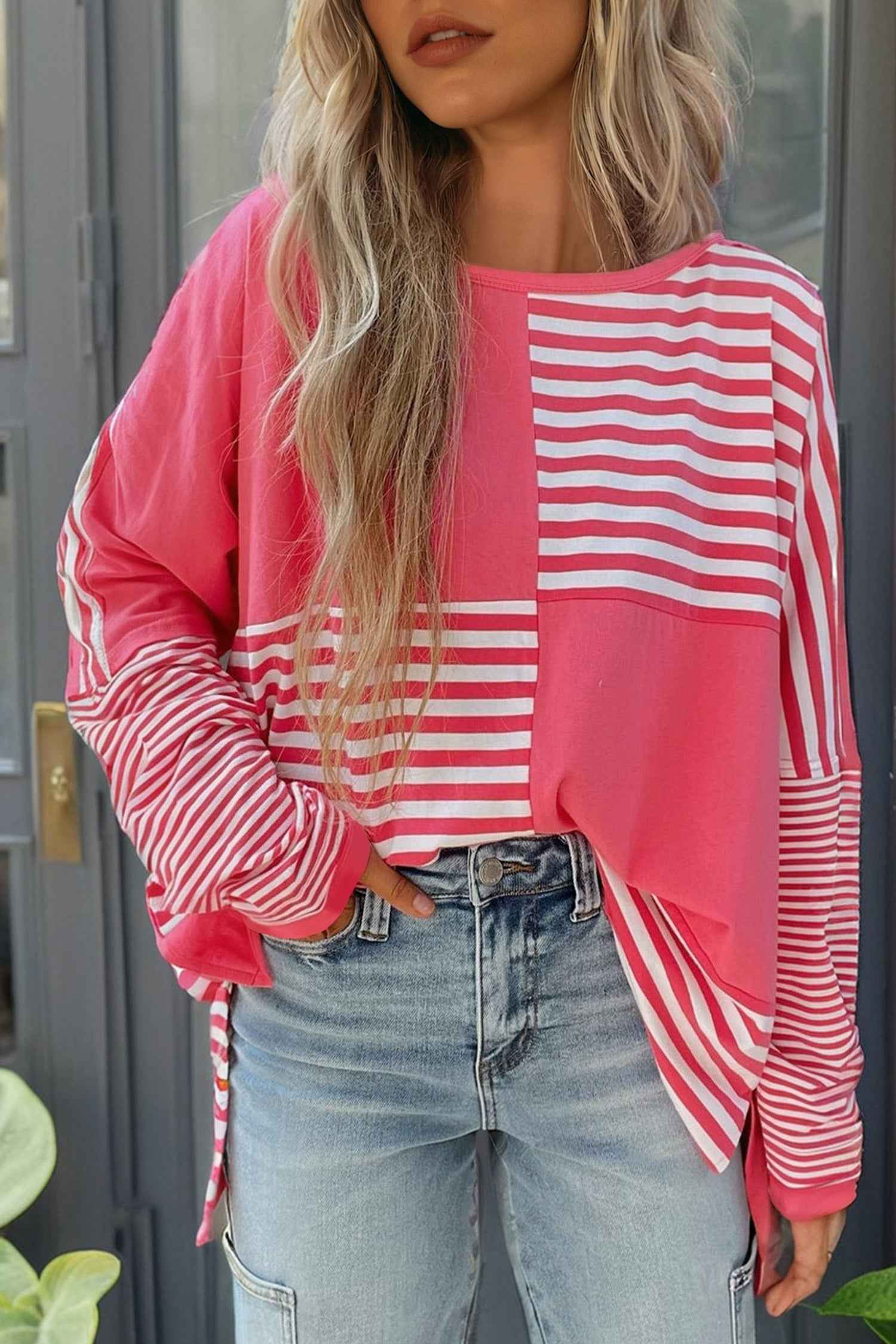 Pink Stripe Color Block Patchwork Drop Shoulder Long Sleeve Tunic Top Pink Stripe 95%Cotton+5%Elastane 8cb7fac1aee8c74a