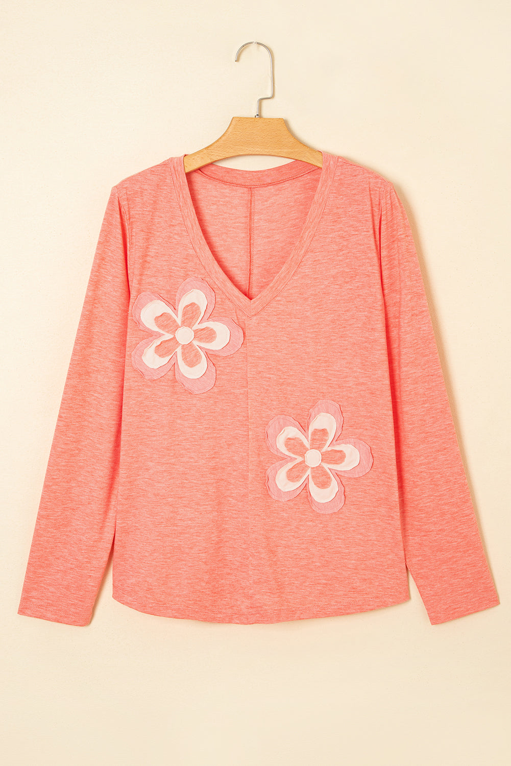 Fresh Salmon Floral Patched V Neck Long Sleeve Top 8cb7fc9c2e452c95