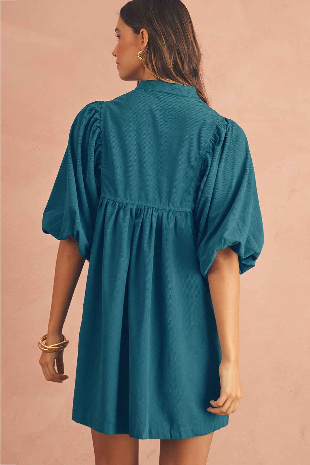 Gold Flame Light Snap Button Empire Waist Lantern Sleeve Corduroy Dress 8cbbebd435125f26