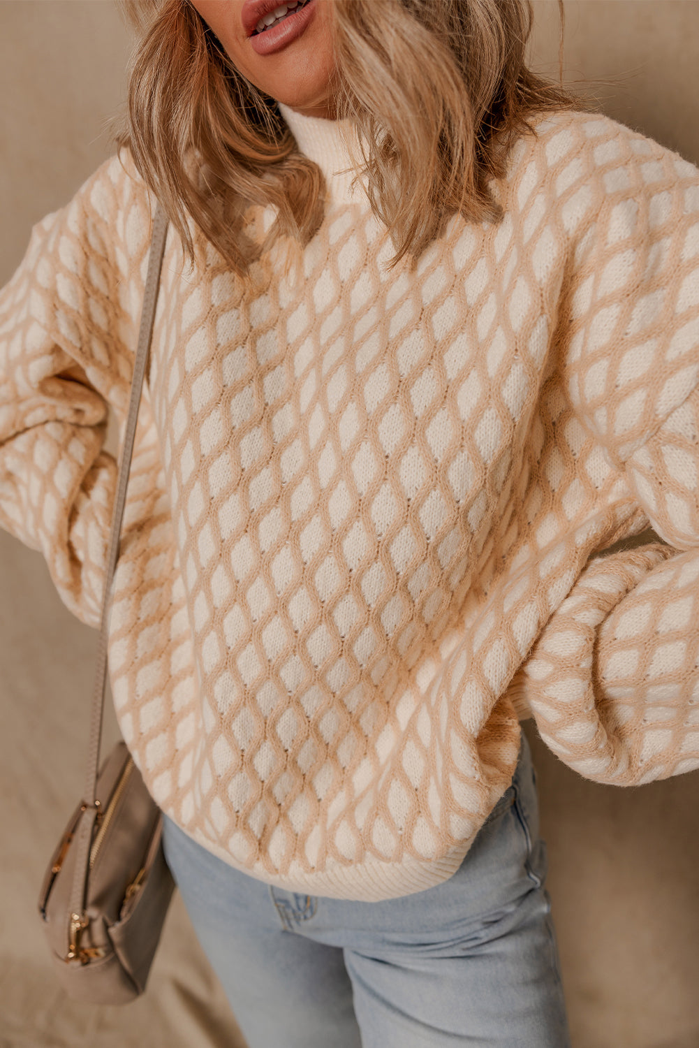 Smoke Gray Checkered Textured Knit Mock Neck Sweater 8cc0862cbda415ee