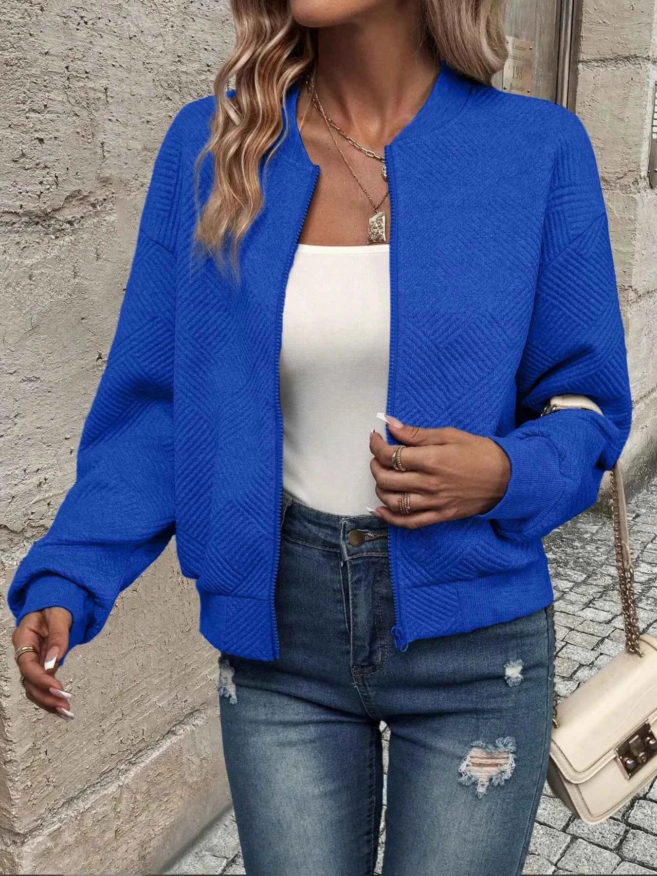 Zip-Up Textured Long Sleeve Jacket Blue 8cc0f0a1-244d-4d03-b4c5-6a543a07ddfd-Max-Origin