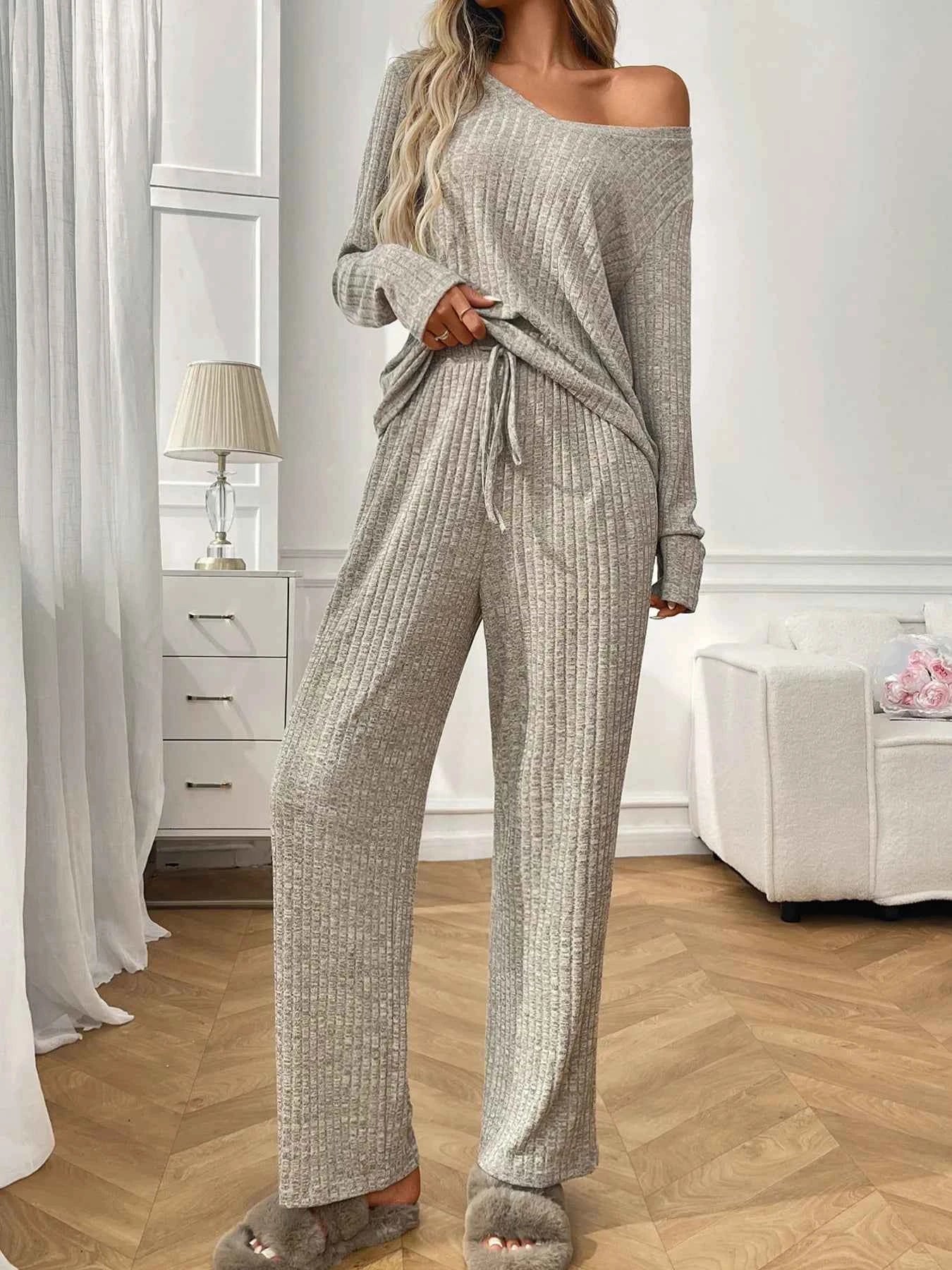 Ribbed Long Sleeve Top and Pants Lounge Set Khaki Color 8cc1123d08de4c78b8f0bffedf78f725-Max-Origin