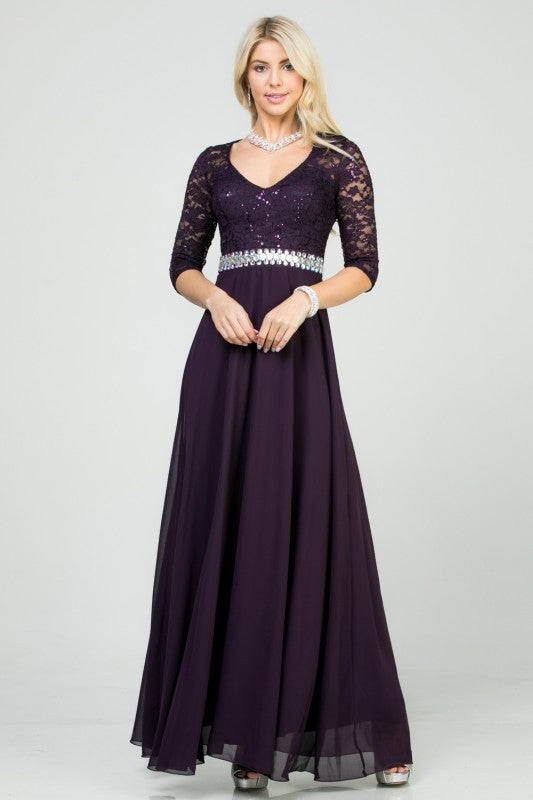 Plus Size A-Line Evening Dress – 3/4 Sleeve Lace Rhinestone Waist Gown Eggplant 8cc132b9-4f01-46f4-a8af-f74f4b66b310