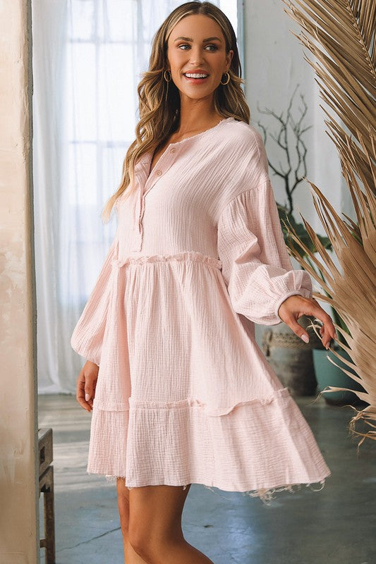 Women Crinkle Distressed Puff Sleeve Flared Dress Oatmeal 8ccbe764-7981-4919-9c38-e4bf69f0e66f