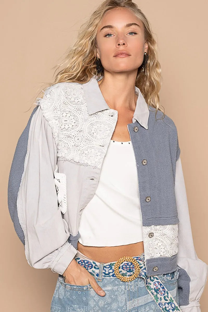 POL Crochet Patch Exposed Seam Button Up Jacket Denim Blue 8ccf841d-fa66-43f3-99fe-9e45f6b6b4bb-Max