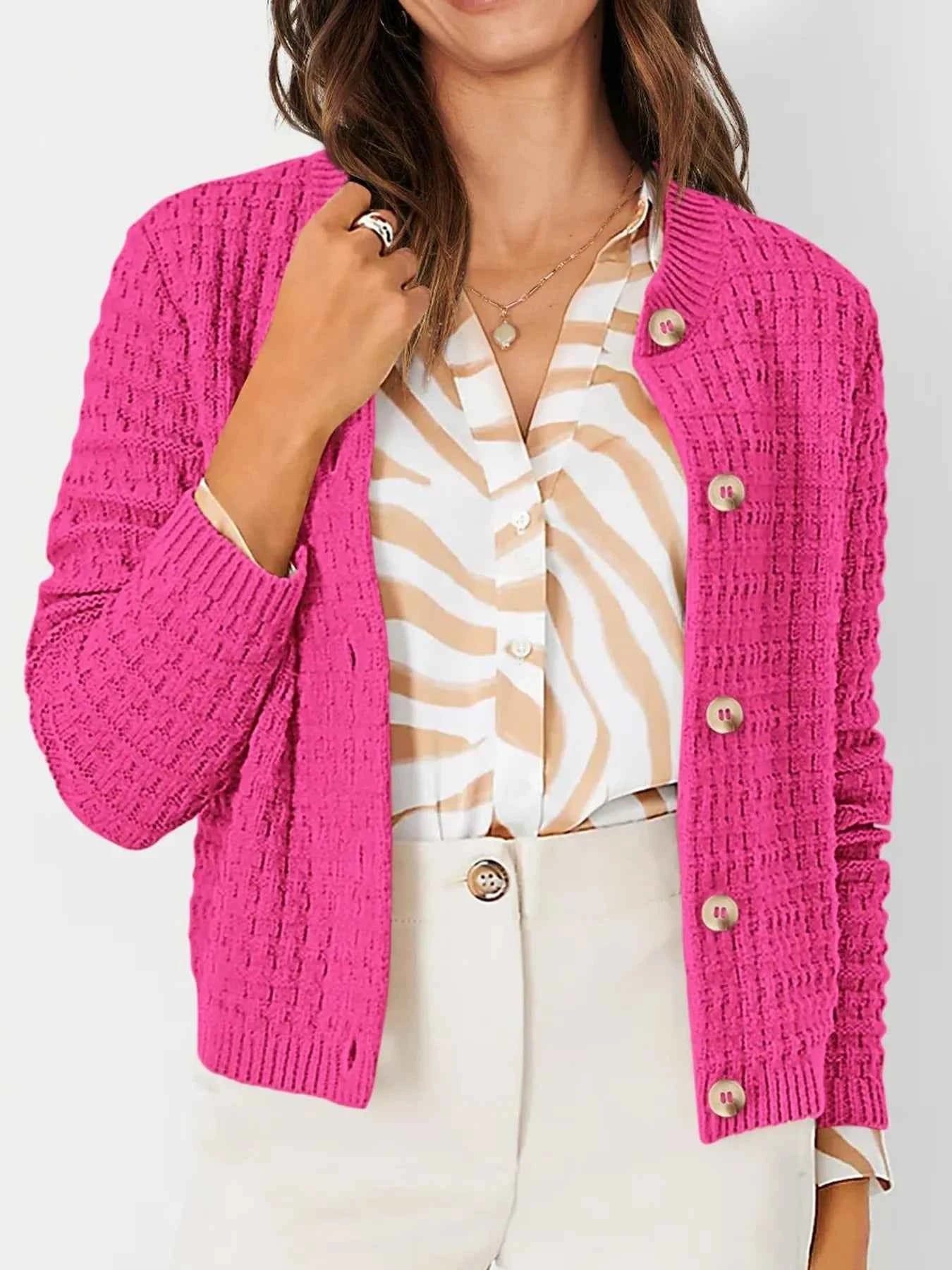 Textured Knit Button-Front Cardigan Rose Red 8cd1b5491723498f9942a3f30018d5f8-Max-Origin