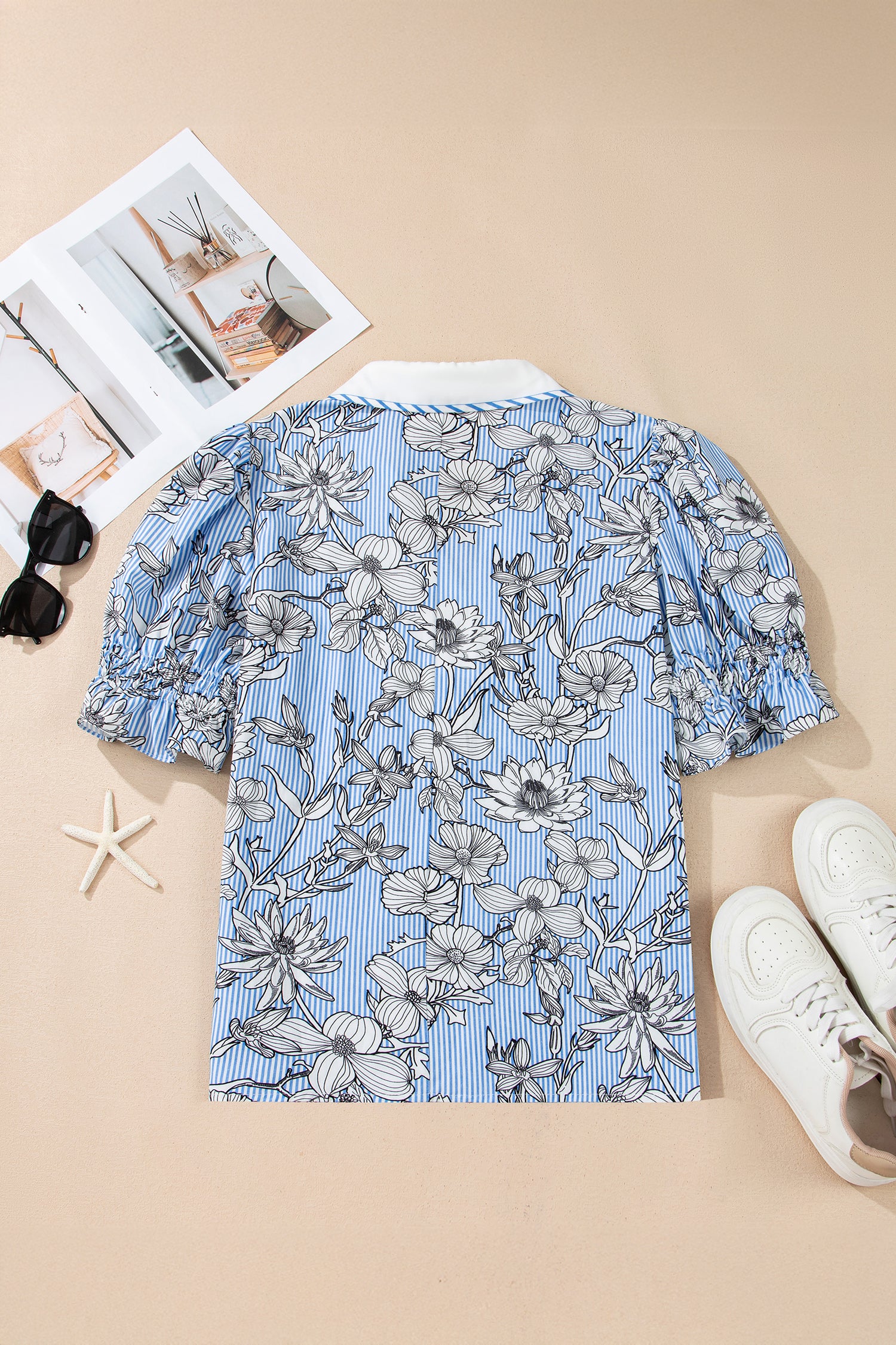 Sky Blue Floral Striped Printed Polo Collar Short Sleeve Blouse 8cda3b2da653e29f