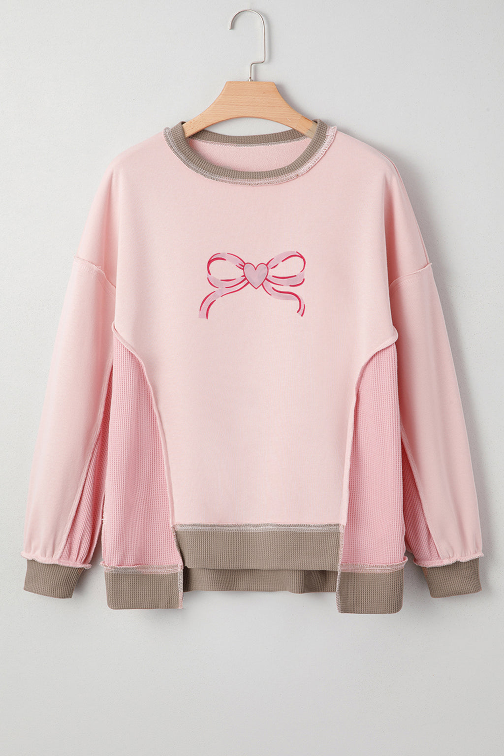 Light Pink Heart Bow Embroidered Exposed Seam Color Block Waffled Patchwork Sweatshirt 8cdbe33ebfc199cc