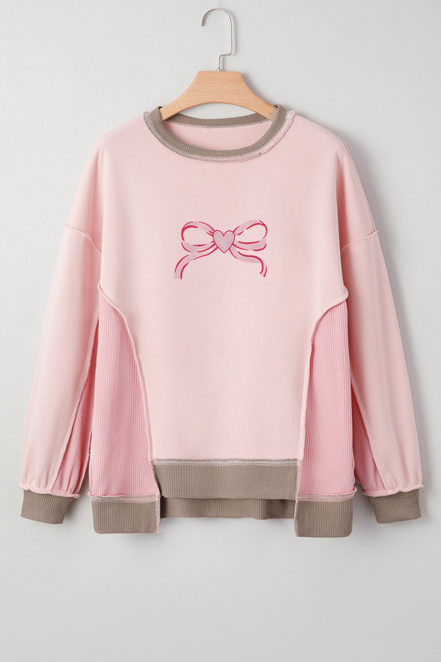 Light Pink Heart Bow Embroidered Exposed Seam Color Block Waffled Patchwork Sweatshirt 8cdbe33ebfc199cc
