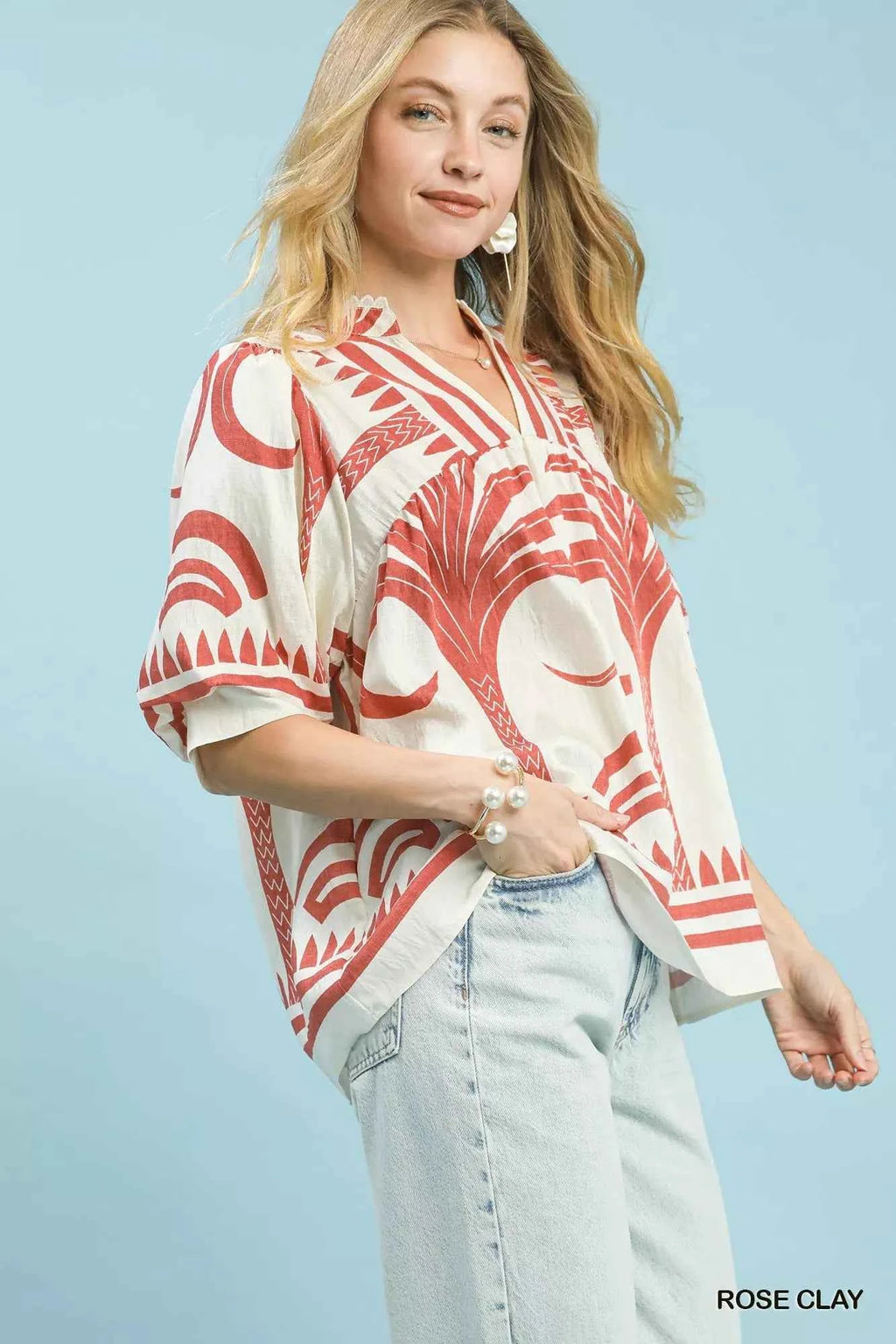 Umgee Folk Art Palm Print Puff Sleeve Blouse 8cde4585-aad8-47ce-8d97-45f0d478db05-Max-Origin