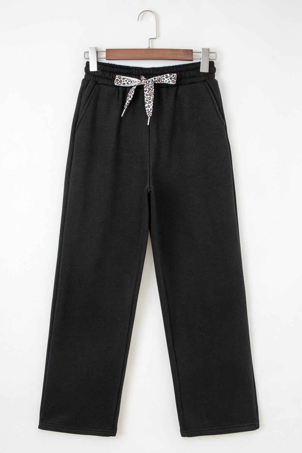 Oatmeal Fleece Lined Leopard Drawstring Elastic Waist Solid Pants 8ce47af51e6ea5ef