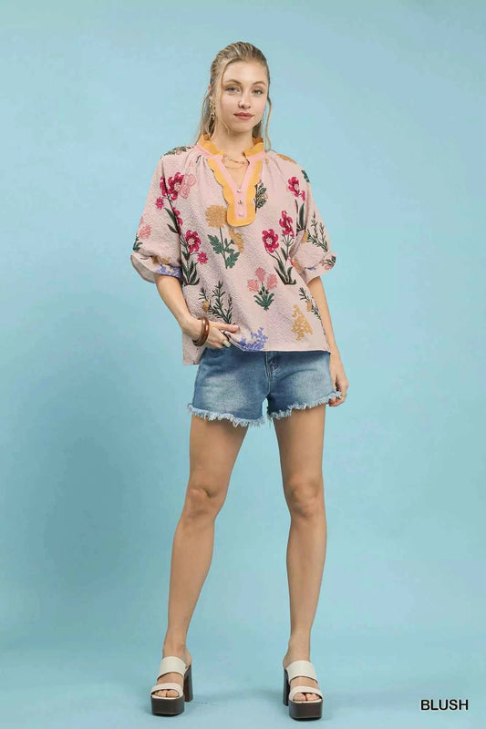 Floral Puff Sleeve Blouse with Scallop Trim Collar 8cec3dc6-9eaa-4196-88ea-28c9b886aef2-Max-Origin