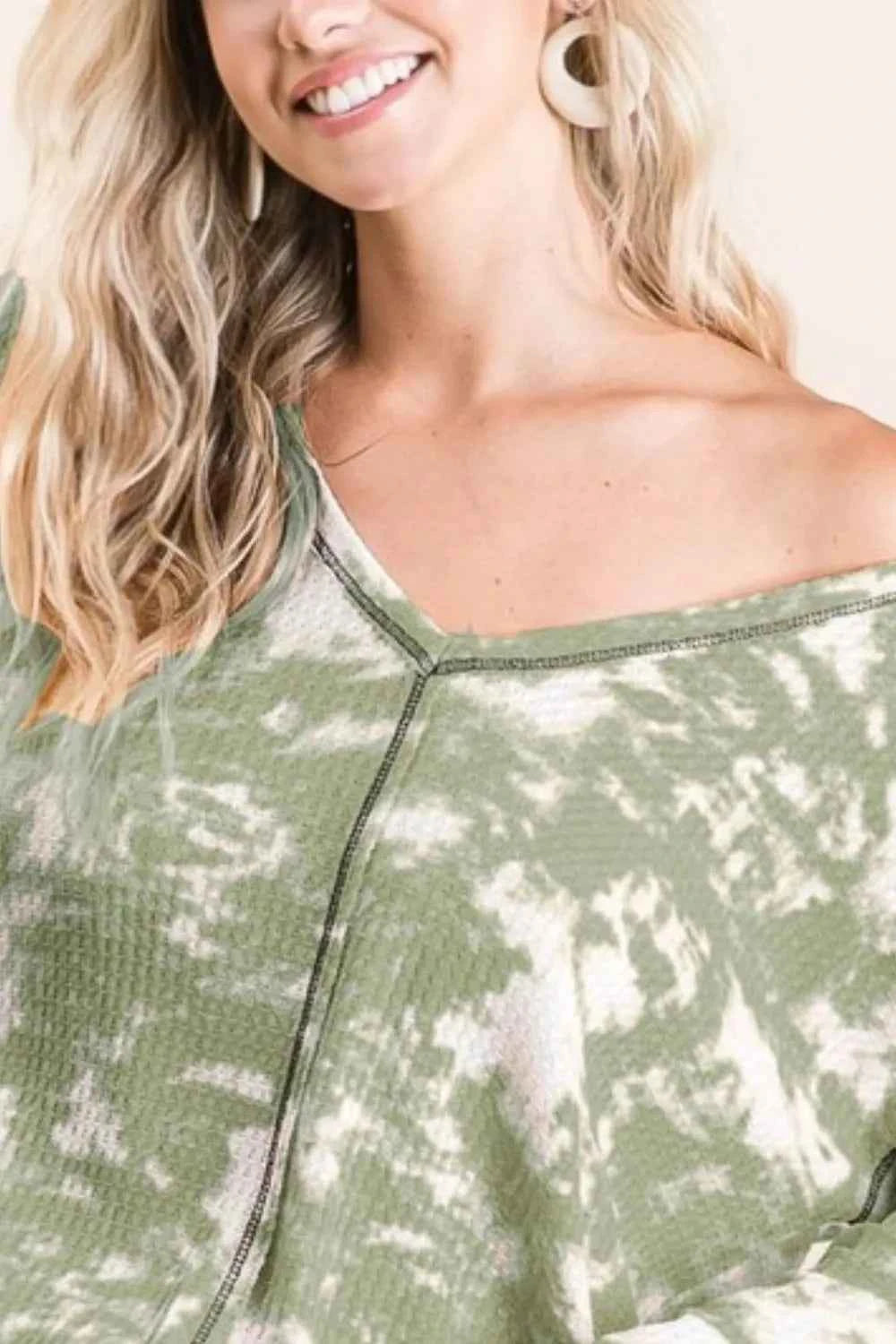 BiBi Tie Dye Print Waffle V Neck Top with Contrast 8ced7f18-bd8f-4911-aae9-aba2bb088f94-Max-Origin