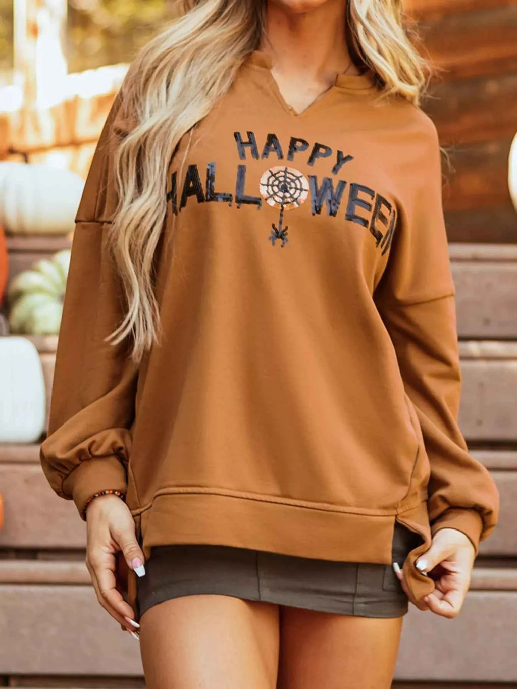 Happy Halloween Graphic Notched Long Sleeve Loose Top Terracotta 8cf3369d77bb471ab173638e80e0c4ec-Max-Origin