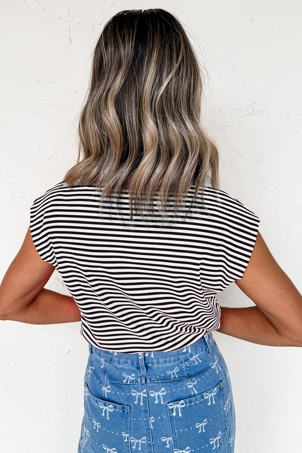 Sky Blue Stripe Ribbed Cap Sleeve Round Neck T Shirt 8cf49ee7d2dea646