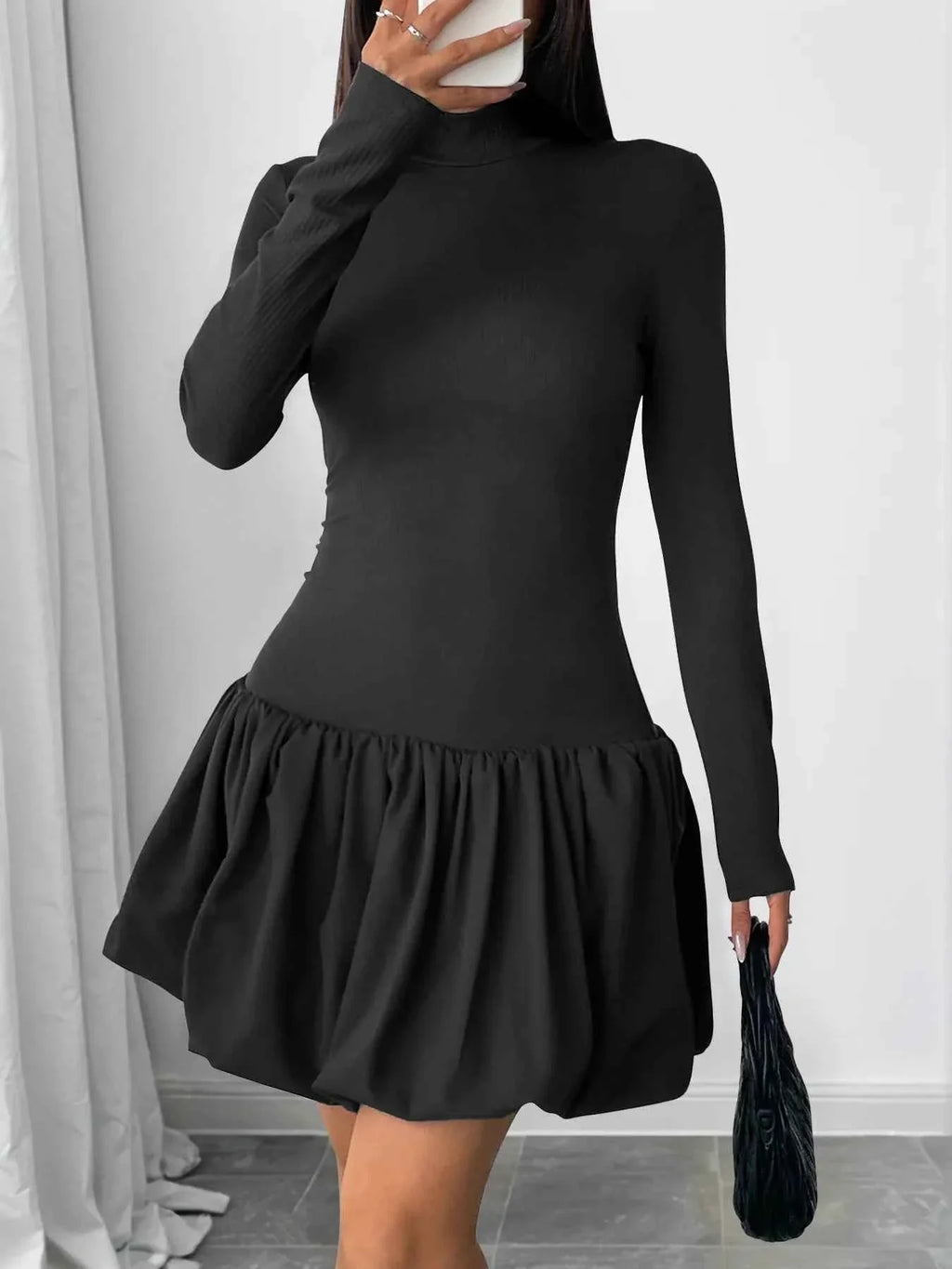 Mock Neck Long Sleeve Bubble Hem Dress 8cf57cdd-8ba6-4c6d-a845-8bc45fdb92d9-Max-Origin