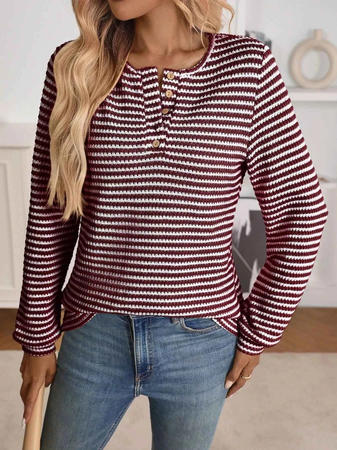 Striped Button Detail Long Sleeve Top 8cf87469e8304f8d8aa49ab1ea7fde72-Max-Origin