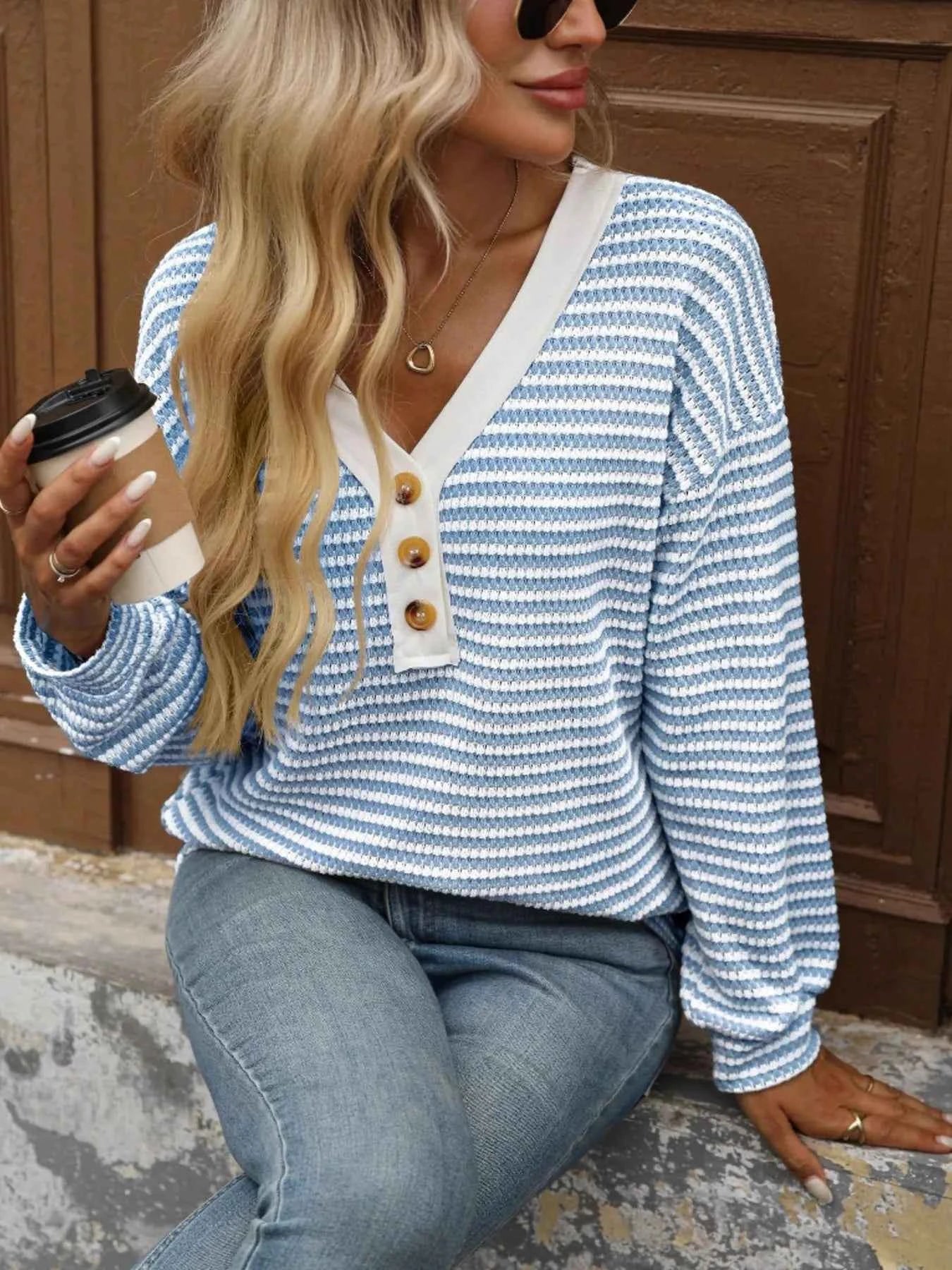 Striped V-Neck Button Front Casual Top 8cf9bfd089fd456590fde628c32f2550-Max-Origin