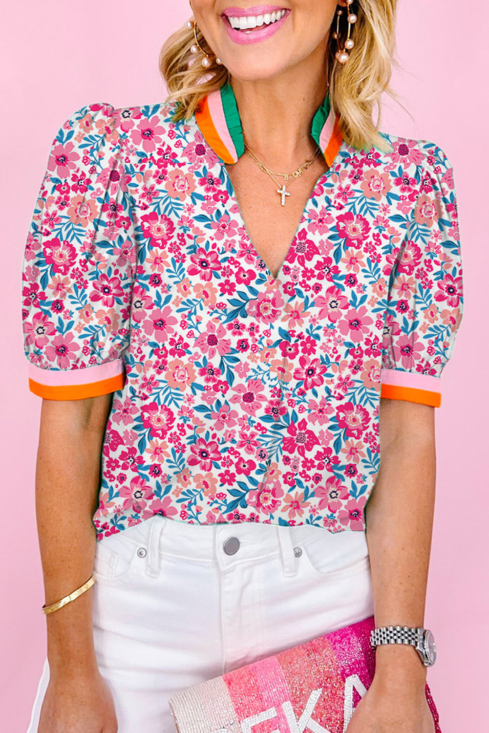 Pink Floral Print Striped Trim Puff Sleeve Blouse Pink 8d027c13a2603e74