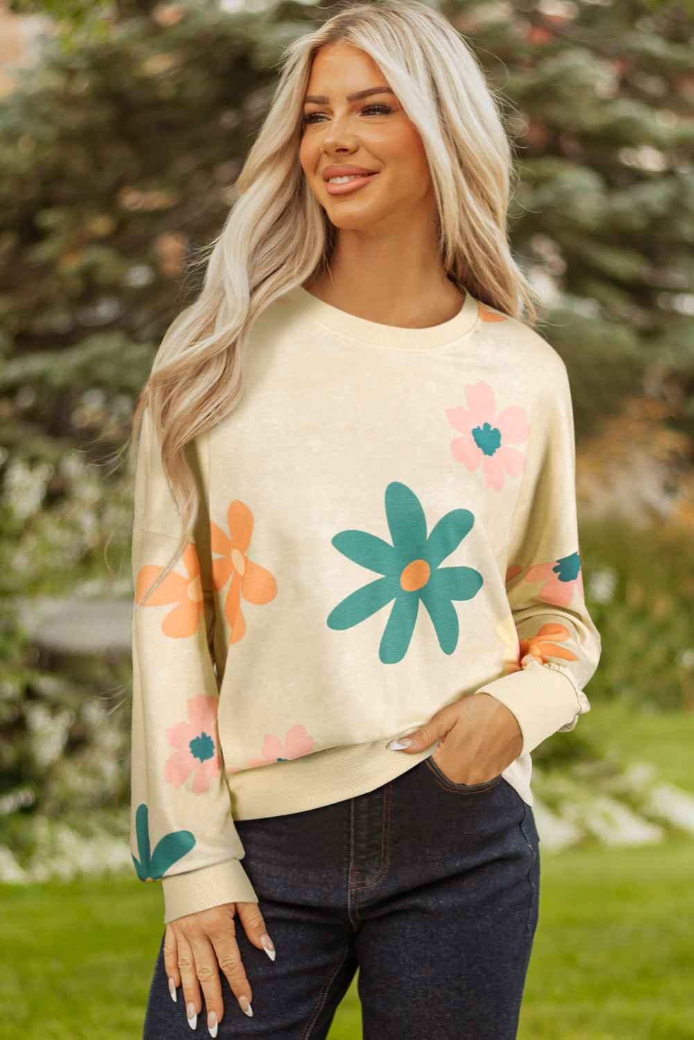 Khaki Flower Print Drop Shoulder Mineral Wash Sweatshirt 8d0dcf635cbfd778