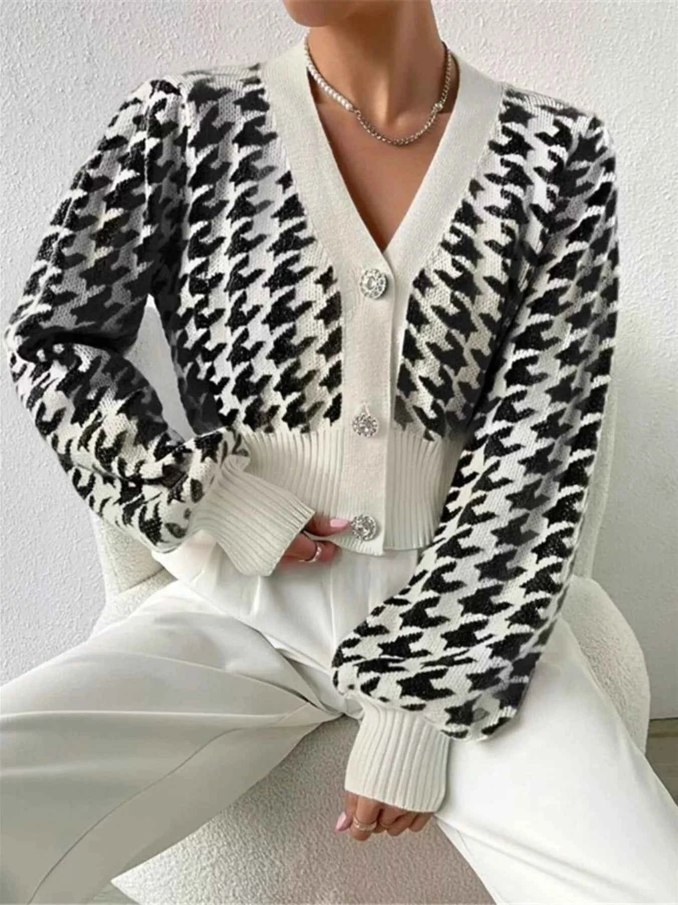 Houndstooth V-Neck Button Up Cardigan 8d0e6406c46947feb643d1bb4469050c-Max-Origin
