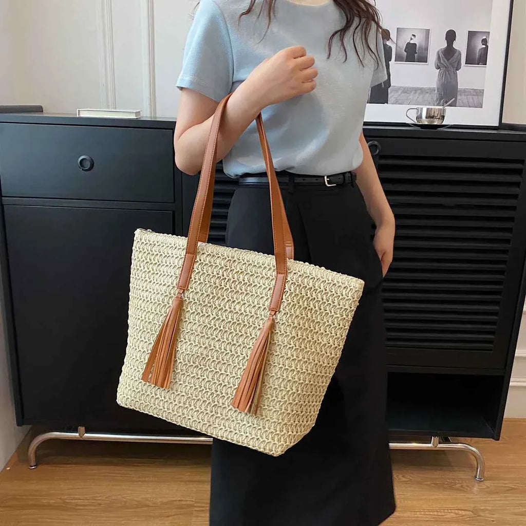 Woven Straw Tote Bag with Leather Handles Beige onesize 8d0fa27cb74949e5a030e6bd73bd265b-Max-Origin