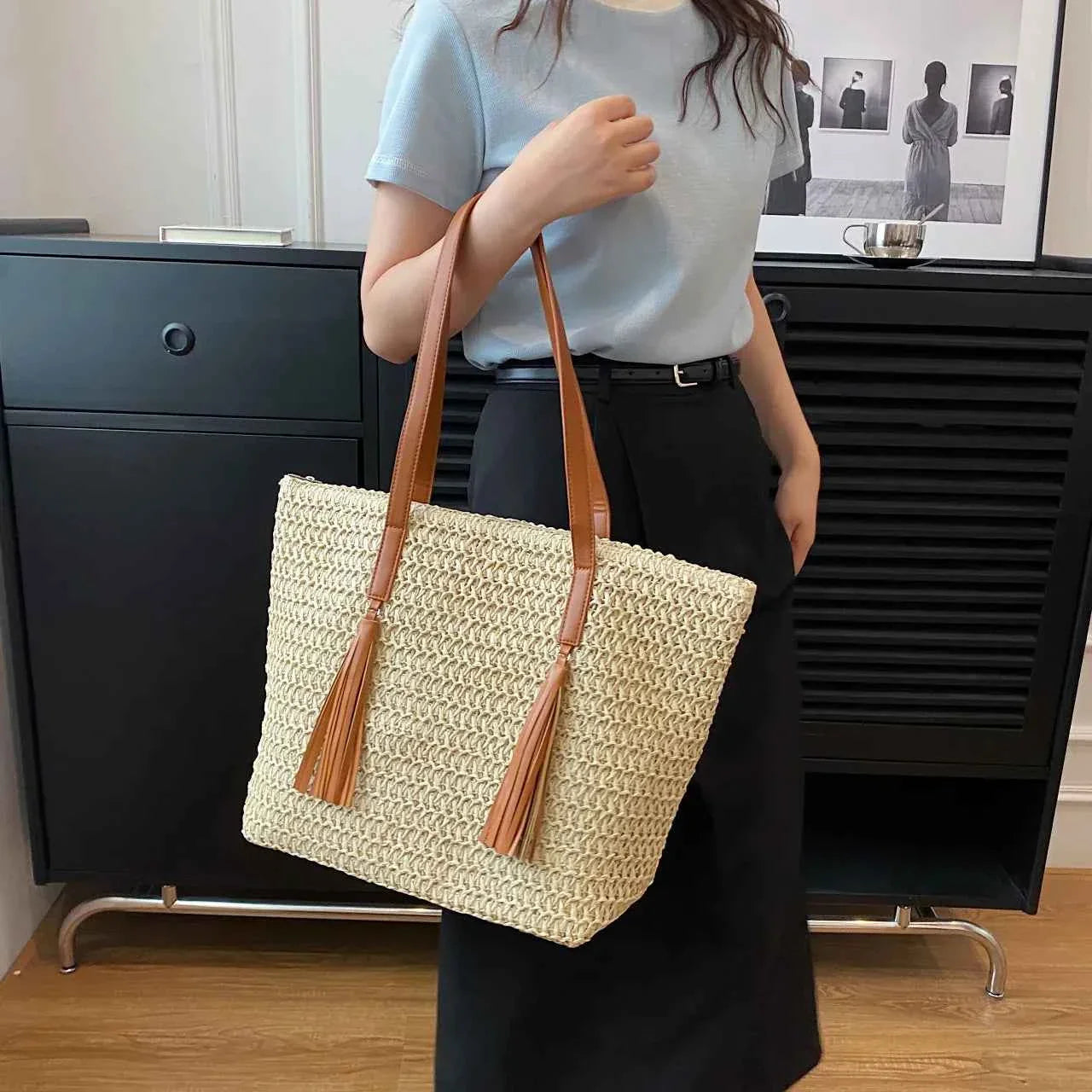 Woven Straw Tote Bag with Leather Handles Beige onesize 8d0fa27cb74949e5a030e6bd73bd265b-Max-Origin