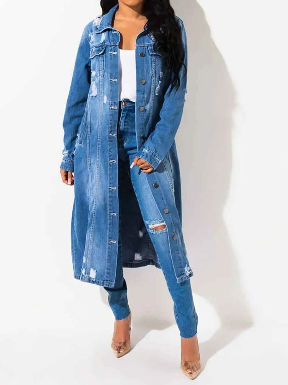 Long Sleeve Raw Hem Denim Jacket Medium 8d1aaa7ed9b844e48daab3da4e973b29-Max
