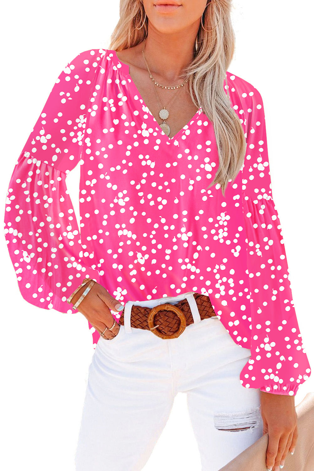 Red Boho Floral Print V Neck Long Sleeve Blouse 8d1f509058116722