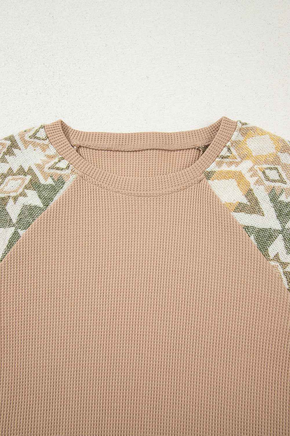 Smoke Gray Waffle Patchwork Geometric Raglan Sleeve Top 8d2227b2f381a8df