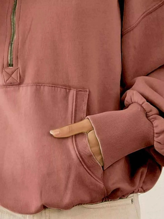 Stitch Detailed Elastic Hem Half Zip Fleece Hoodie 8d2b3ea1-fafa-49a4-b014-b9e7409f6a85-Max-Origin