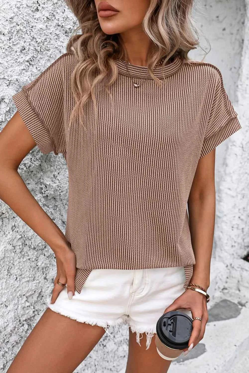 Mandy Striped Round Neck Short Sleeve T-Shirt 8d2be6a8-f5ce-4216-b4a1-d8764505c934-Max