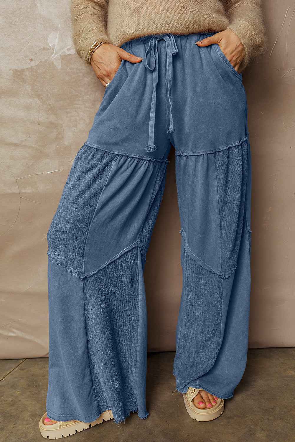 Ashleigh Blue Careys Mineral Wash Tiered Wide Leg Patchwork Drawstring Pants 8d2c2218a70b94fb