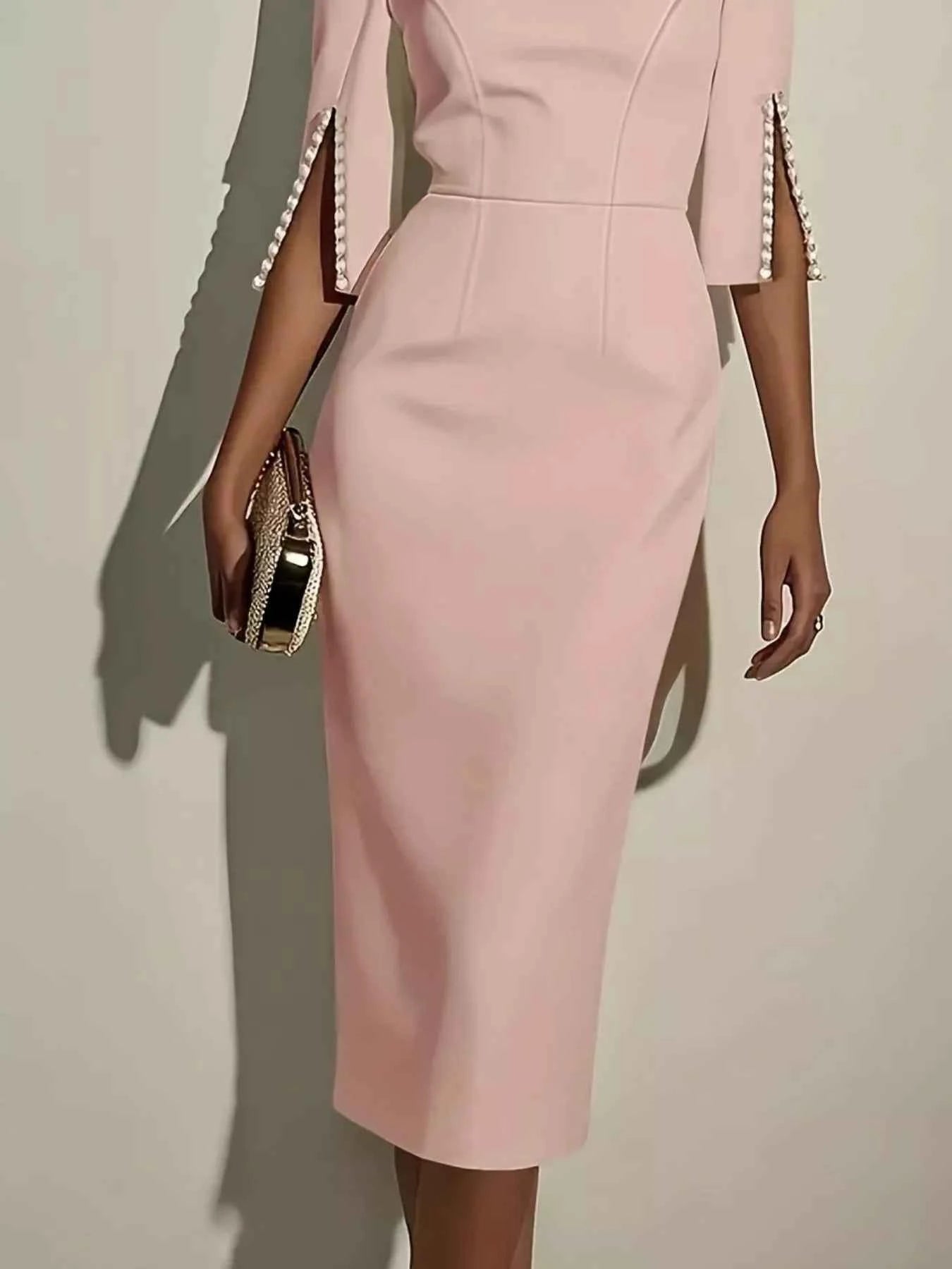 Slim-Fit Elegant Midi Dress with Beaded Slit Sleeve 8d3728f5-8c5b-415b-bc8e-3d114882bd5d-Max-Origin