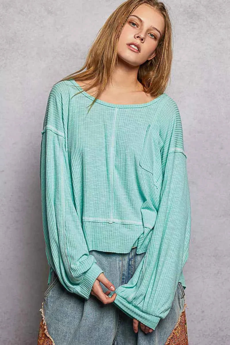 Round Neck Long Sleeve Exposed Seam Top with Chest Pocket AQUA 8d3e32c6-0633-4620-ae93-f95ee107b939-Max-Origin