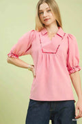 Umgee Scalloped Trim Blouse with Puff Sleeves ROSE 8d3e555e-995d-4e87-84d6-535de2203833-Max-Origin