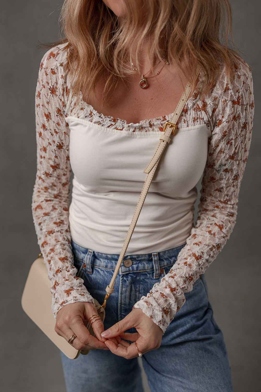 White Floral Lace Patchwork Square Neck Long Sleeve Top 8d46e6584bedc403