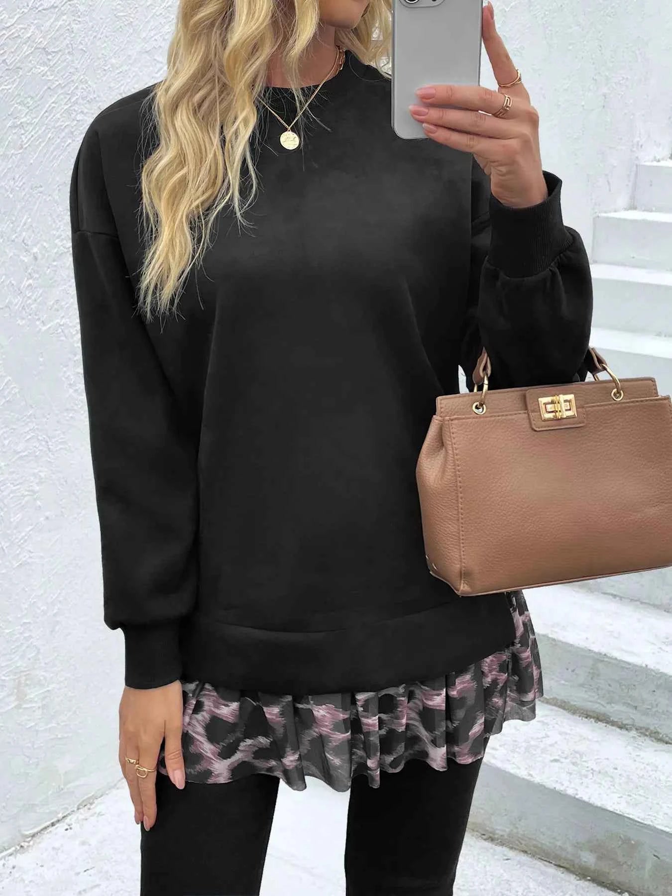 Camouflage Hem Detail Round Neck Sweatshirt
