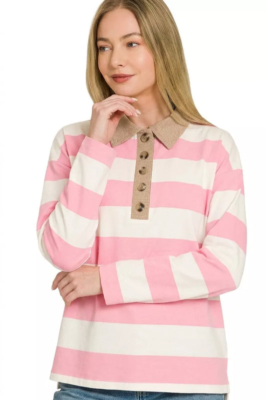 Striped Contrast Collar o Top DK PINK 8d49c591-44f2-4420-9094-9bed1b4b7292-Max-Origin