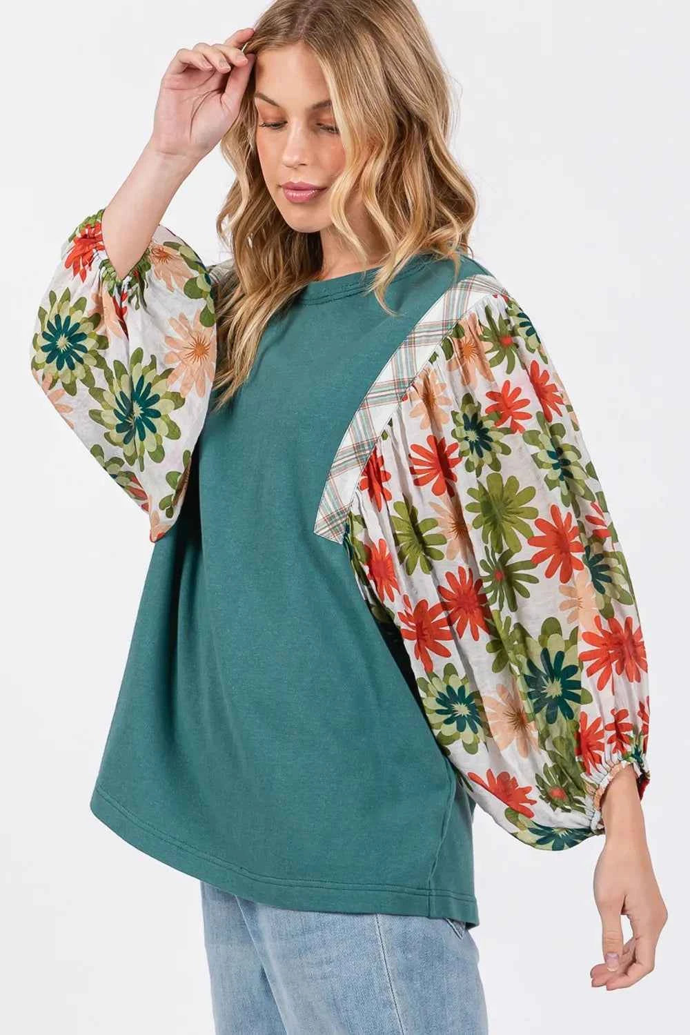 SAGE + FIG Full Size Printed Balloon Sleeve Contrast Top 8d4a5bcd-2408-4168-92ae-9bd1bb1a2b0e-Max