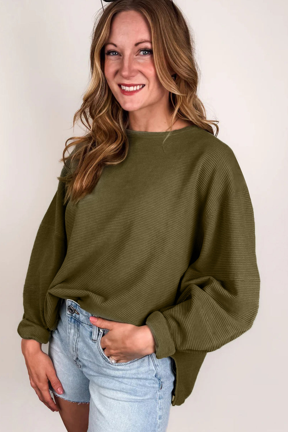 Seagrass Plain Ribbed Exposed Seam Loose Top