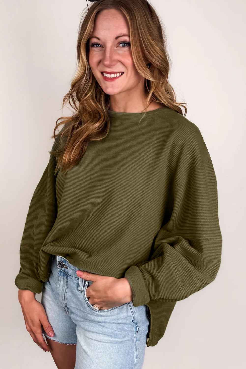 Seagrass Plain Ribbed Exposed Seam Loose Top 8d4d579e94f0ff81