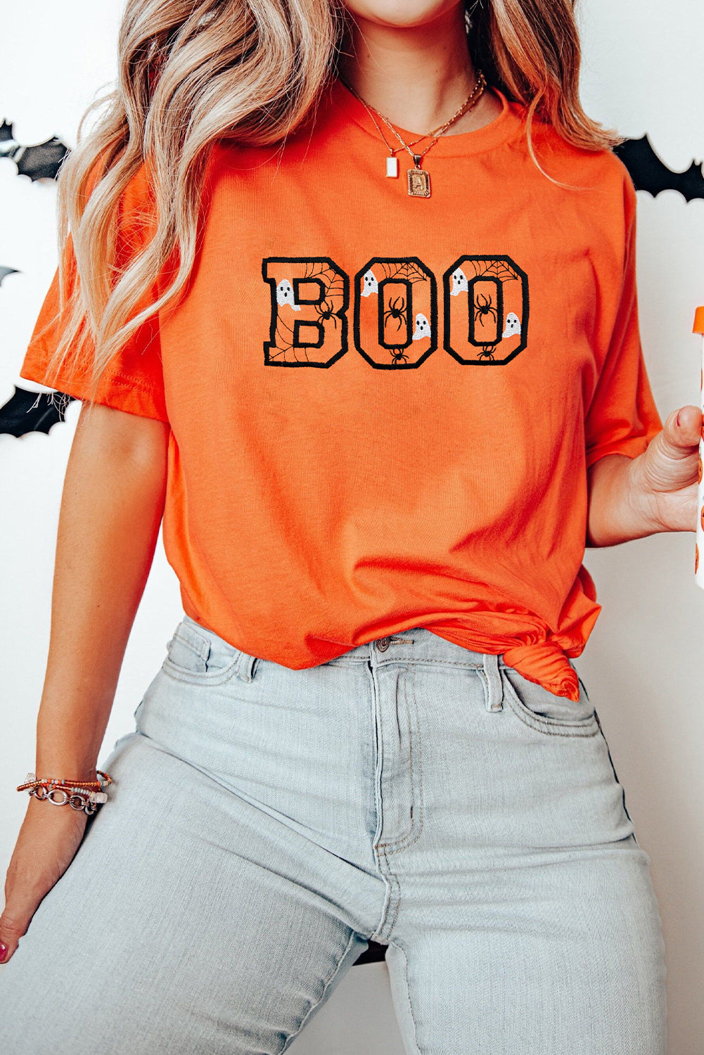 Orange BOO Halloween Ghost Sipder Embroidered Graphic Tee 8d4f627ebe007662