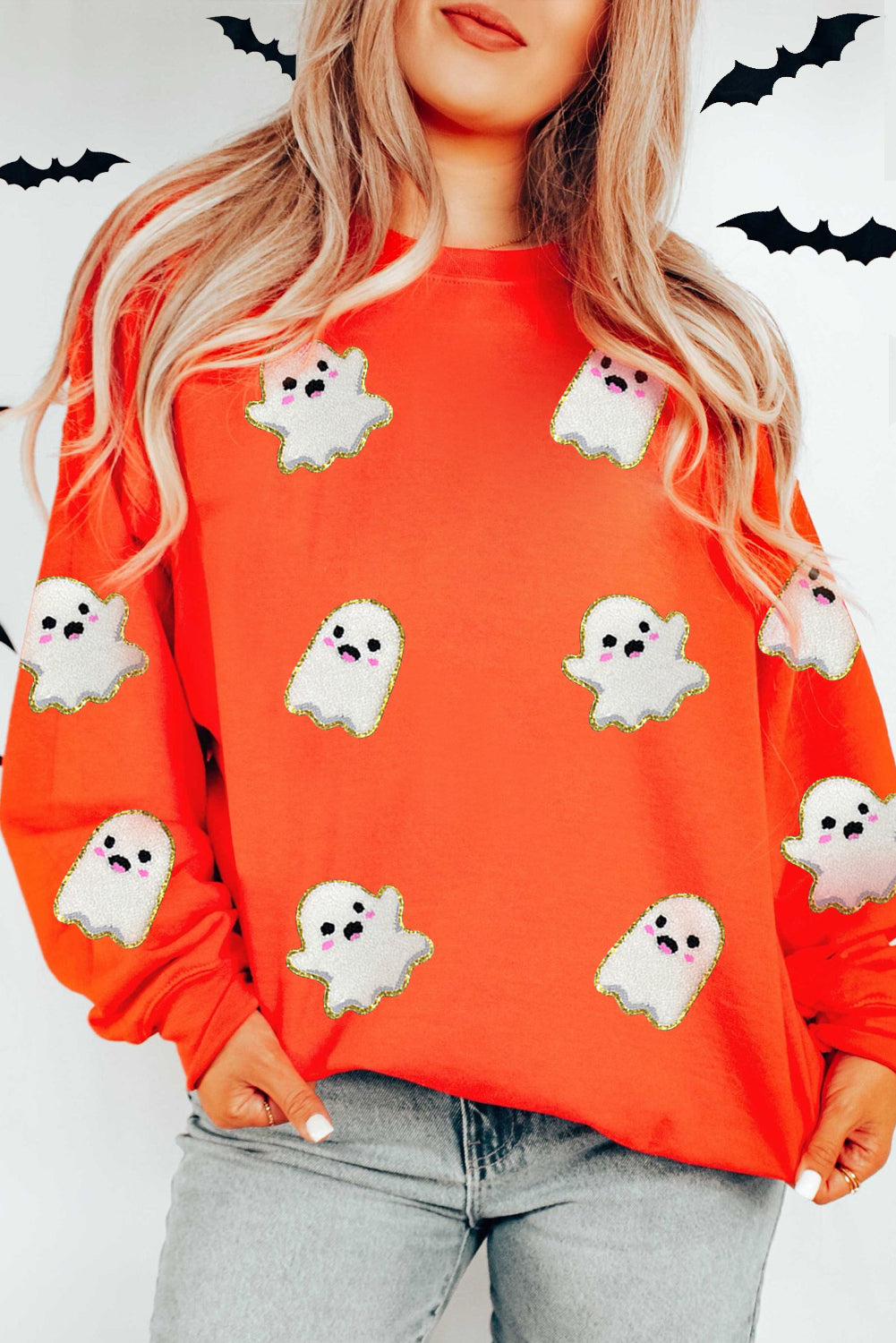 Orange Halloween Ghost Cute Patch Application Pattern Holiday Sweatshirt 8d5257f934150907