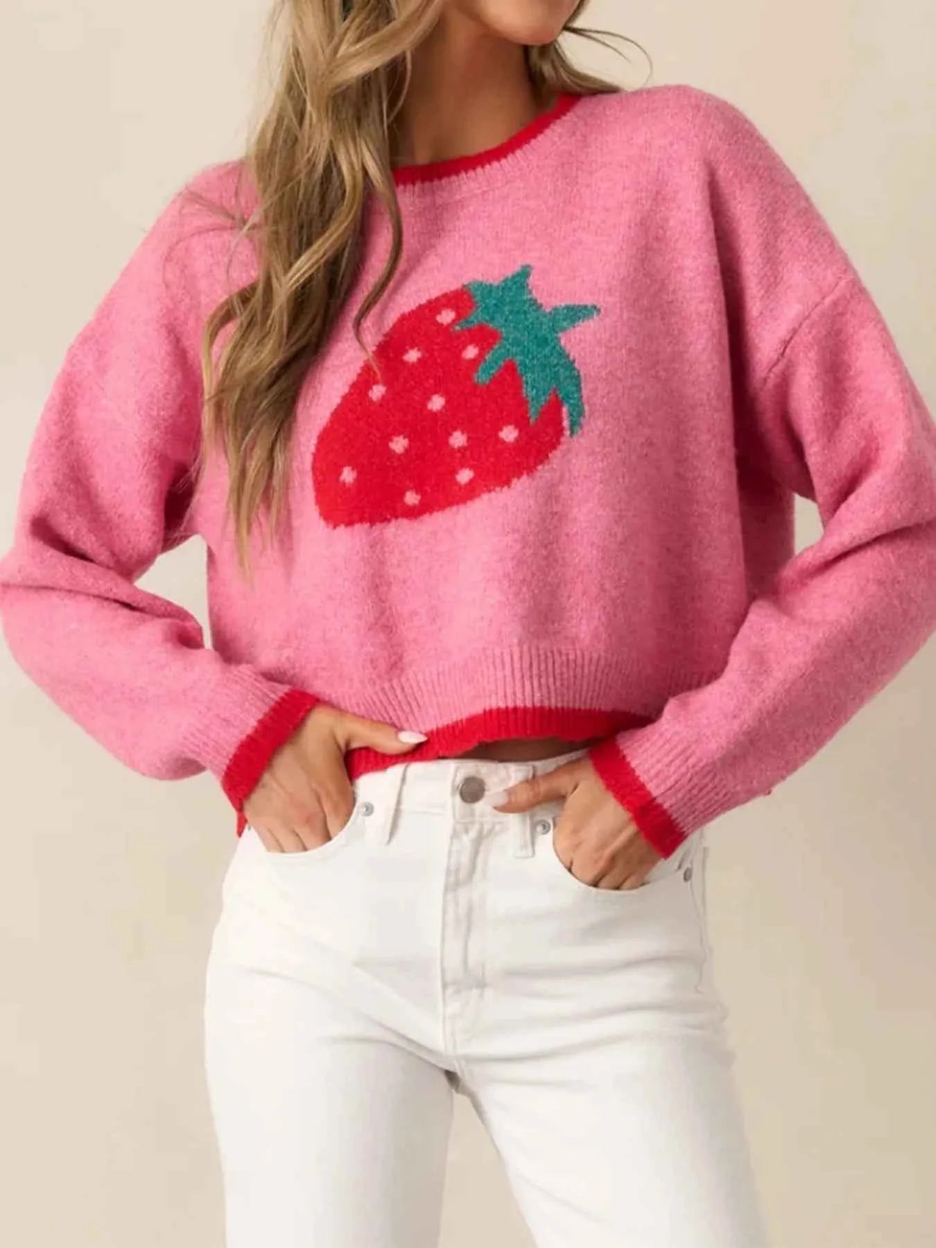 Strawberry Round Neck Long Sleeve Sweater Strawberry 8d5595db6b754a1a95c3d3026a3c878a-Max-Origin