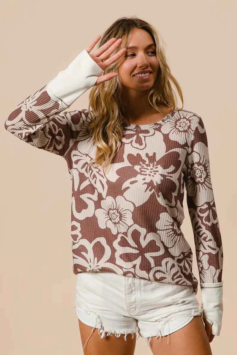 BiBi Flower Printed Waffle Thumb Opening Top 8d64443d77684eeaa847e169066dba45-Max-Origin