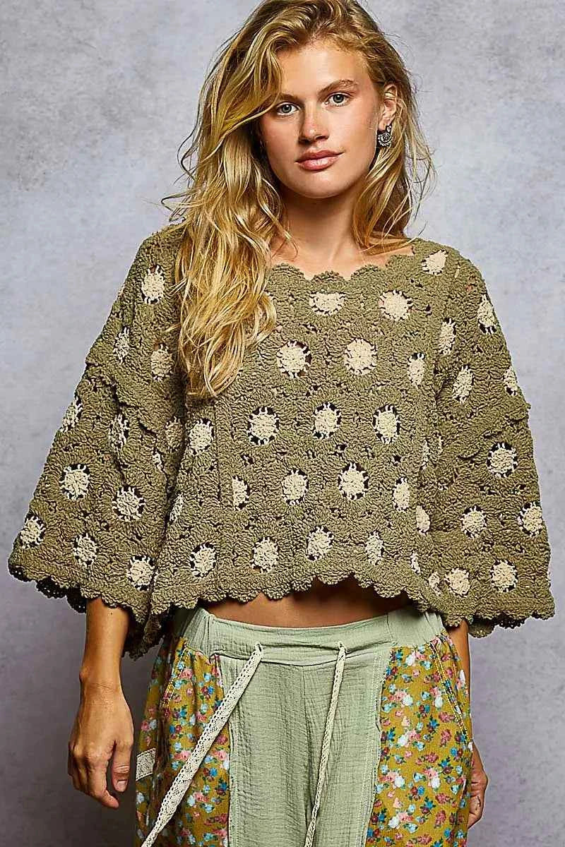 Contrast Crochet Cropped Knit Top OLIVE ALMOND One Size 8d6a39b9-4fcb-4715-ba38-3f238ac9984a-Max-Origin
