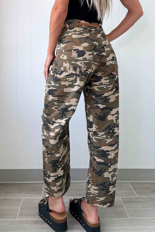 Green Camouflage Print Splashed Distressed Loose Denim Pants 8d6b4e3c40973e47