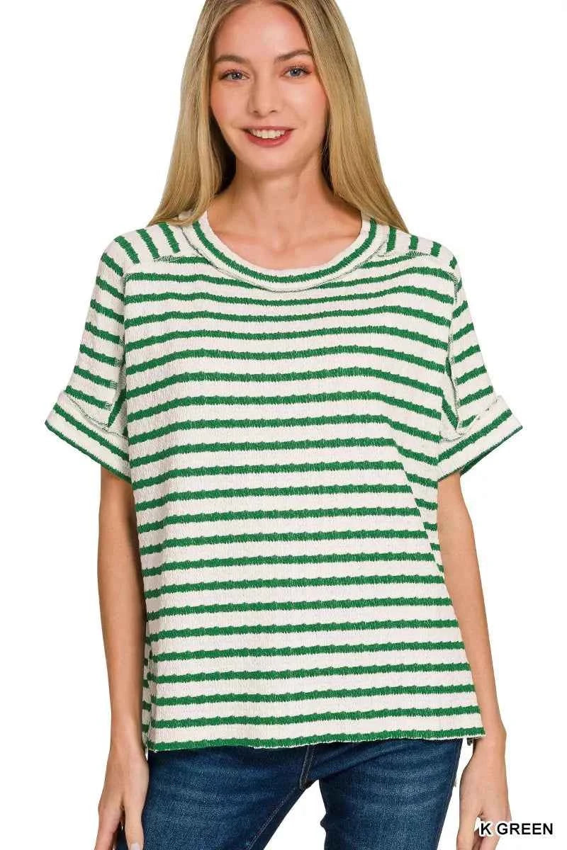 Zenana Stripe Jacquard Round-Meck Tee K GREEN 8d73e0c1b78f49cfb09b7197612cb856-Max-Origin